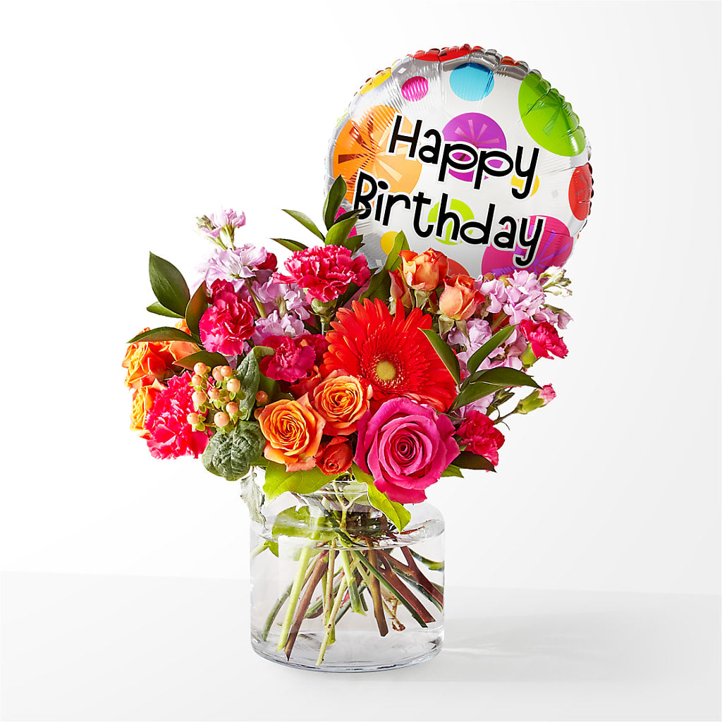 Fiesta Bouquet with Birthday Balloon – Petite Flower Shop, San Antonio TX