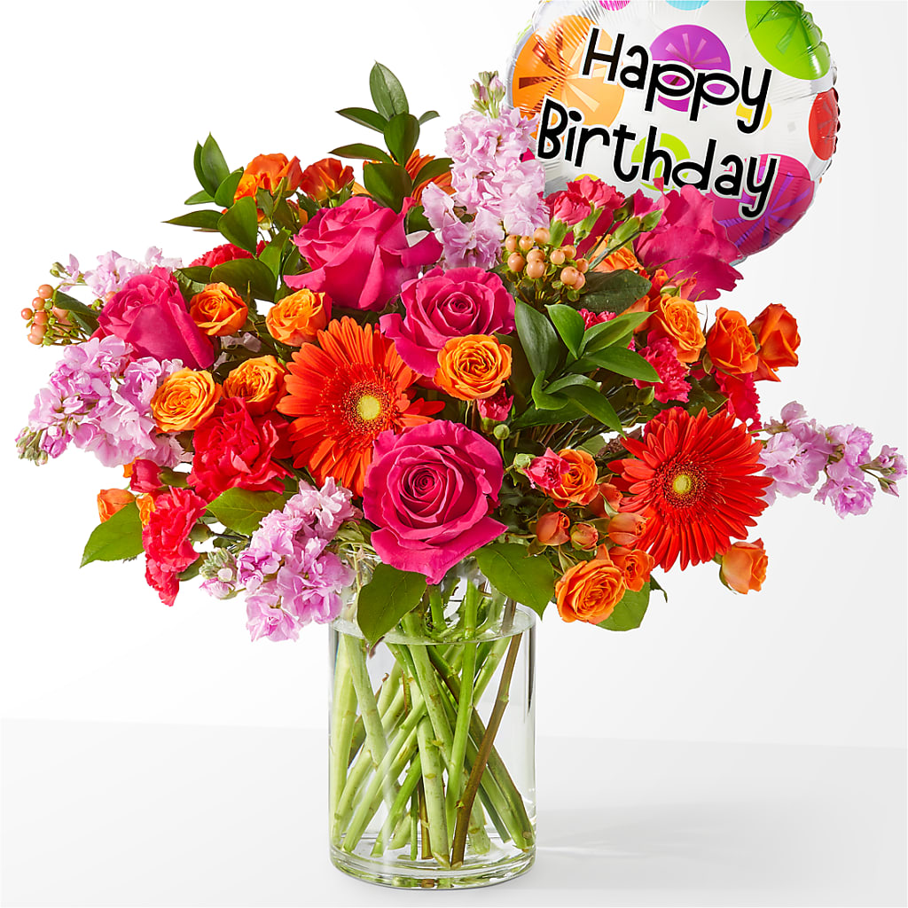Fiesta Bouquet with Birthday Balloon – Petite Flower Shop, San Antonio TX