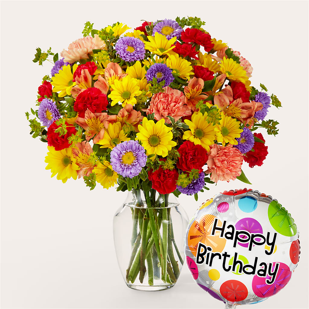 Kaleidoscope Bouquet with Birthday Balloon – Petite Flower Shop, San Antonio TX
