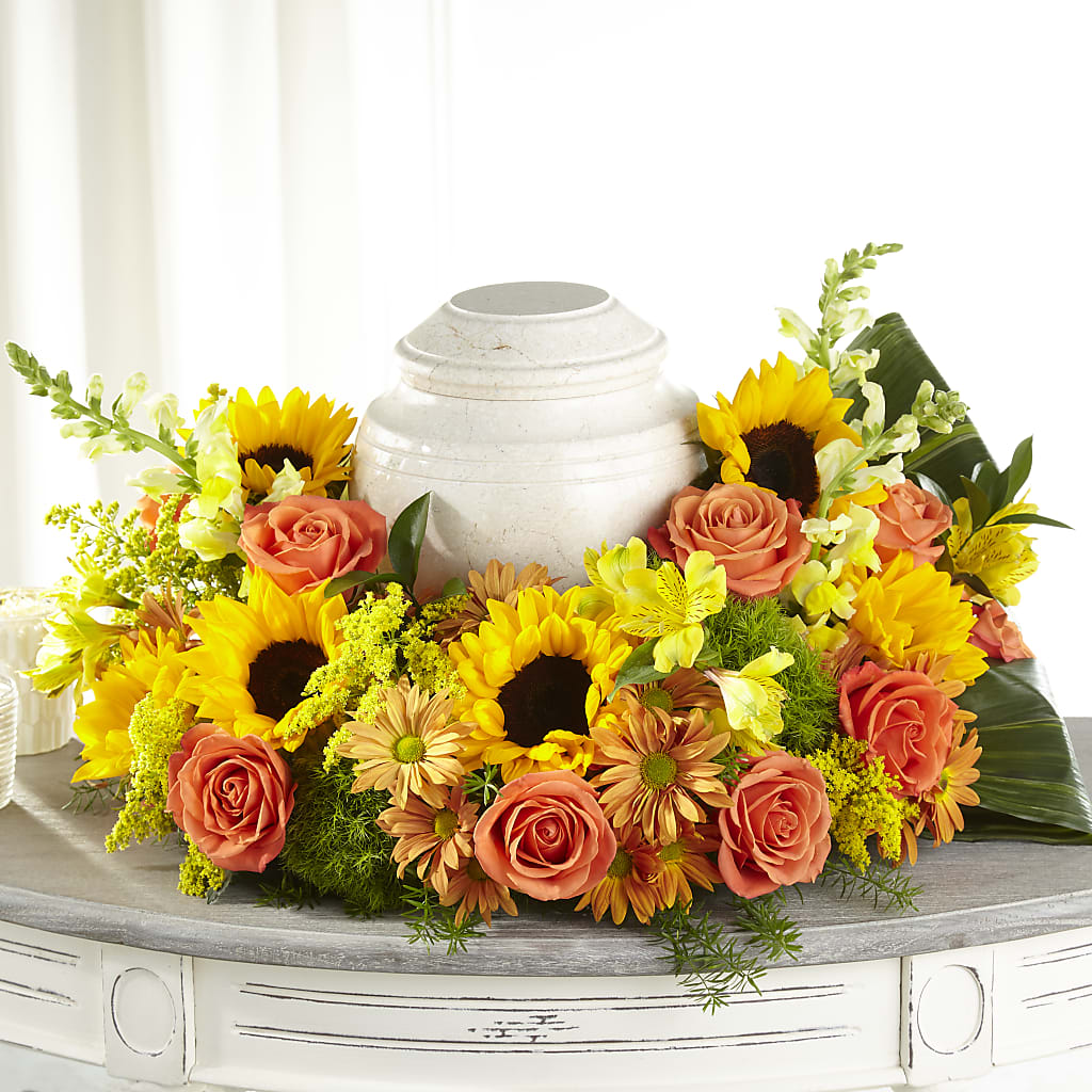 Faithful Sunflower Cremation Adornment – Petite Flower Shop, San Antonio TX