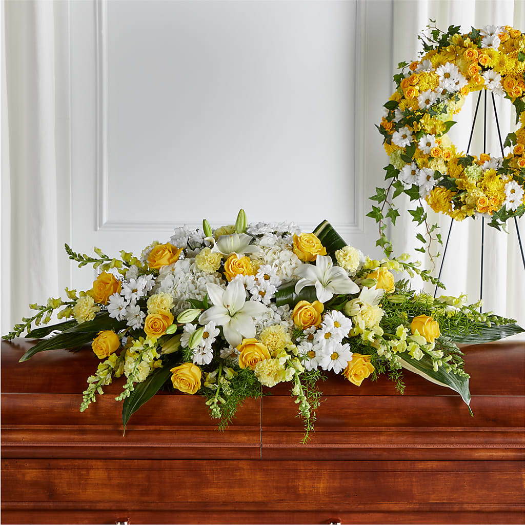 Golden Harmony Casket Spray – Petite Flower Shop, San Antonio TX