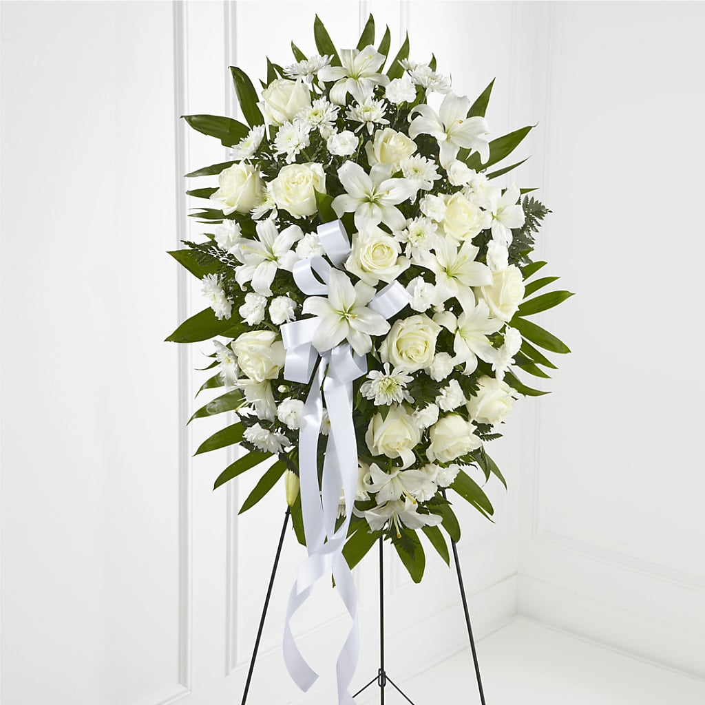 Exquisite Tribute Standing Spray-White Ribbon – Petite Flower Shop, San Antonio TX